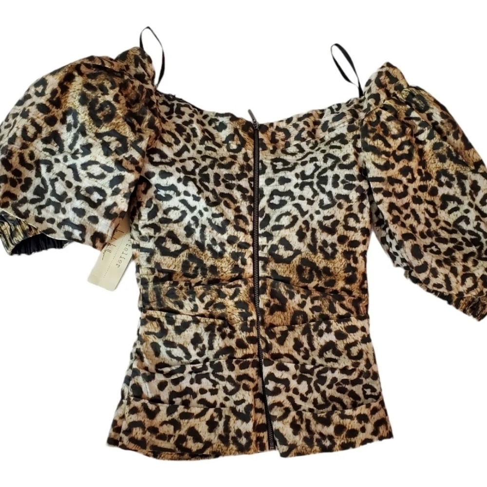 NEW Revolve Nicole Miller Top Petite Small Off Shoulder Leopard Puff Sleeves PS‎ - Picture 2 of 12